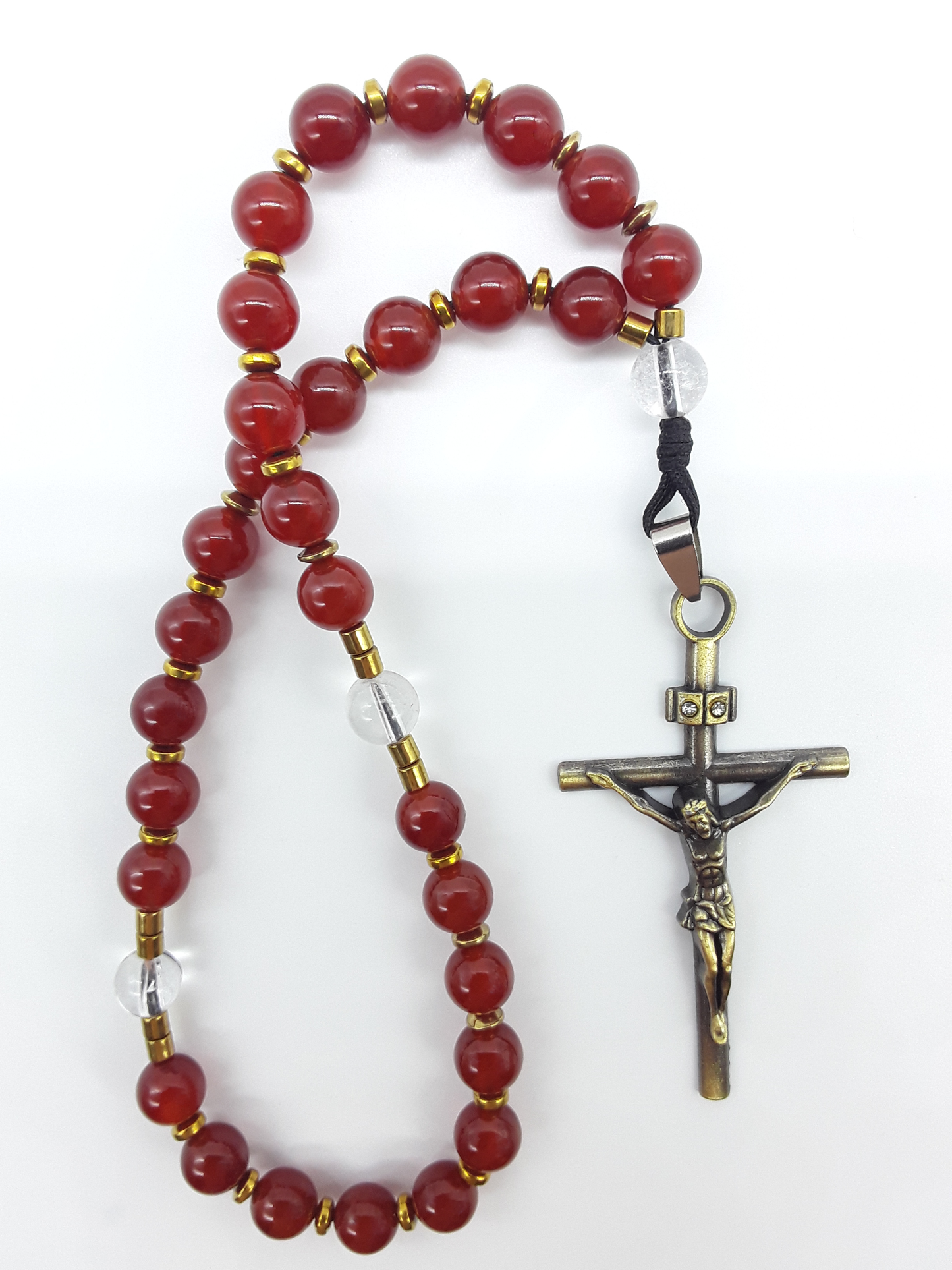 Burning Stillness Carnelian Orthodox Rosary with bronze cross and zircon, handcrafted by Polmadeva on white background