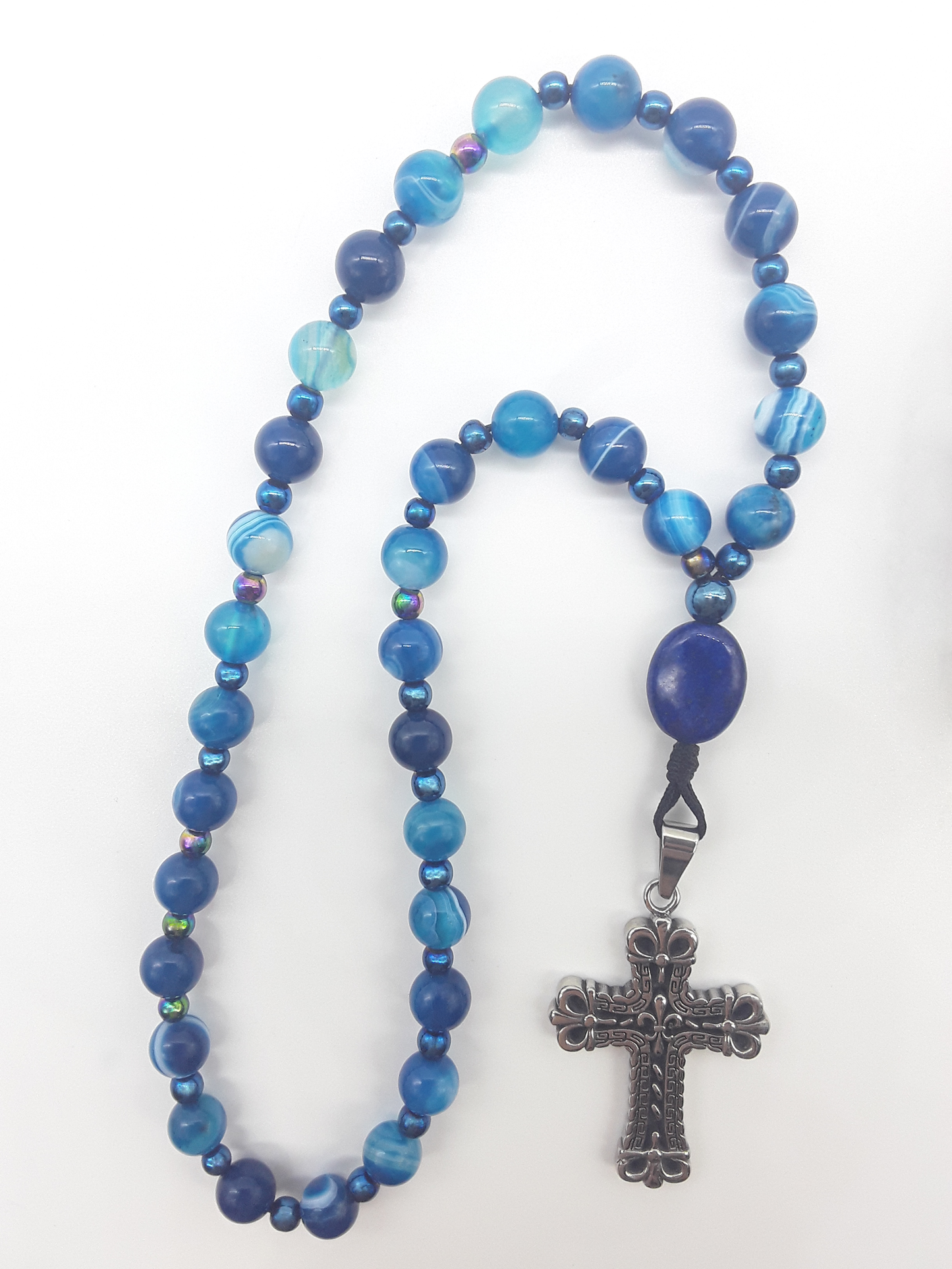 Agate and lapis lazuli Orthodox rosary with stainless steel cross, The Deep Stillness by Polmadeva, photographed on white background