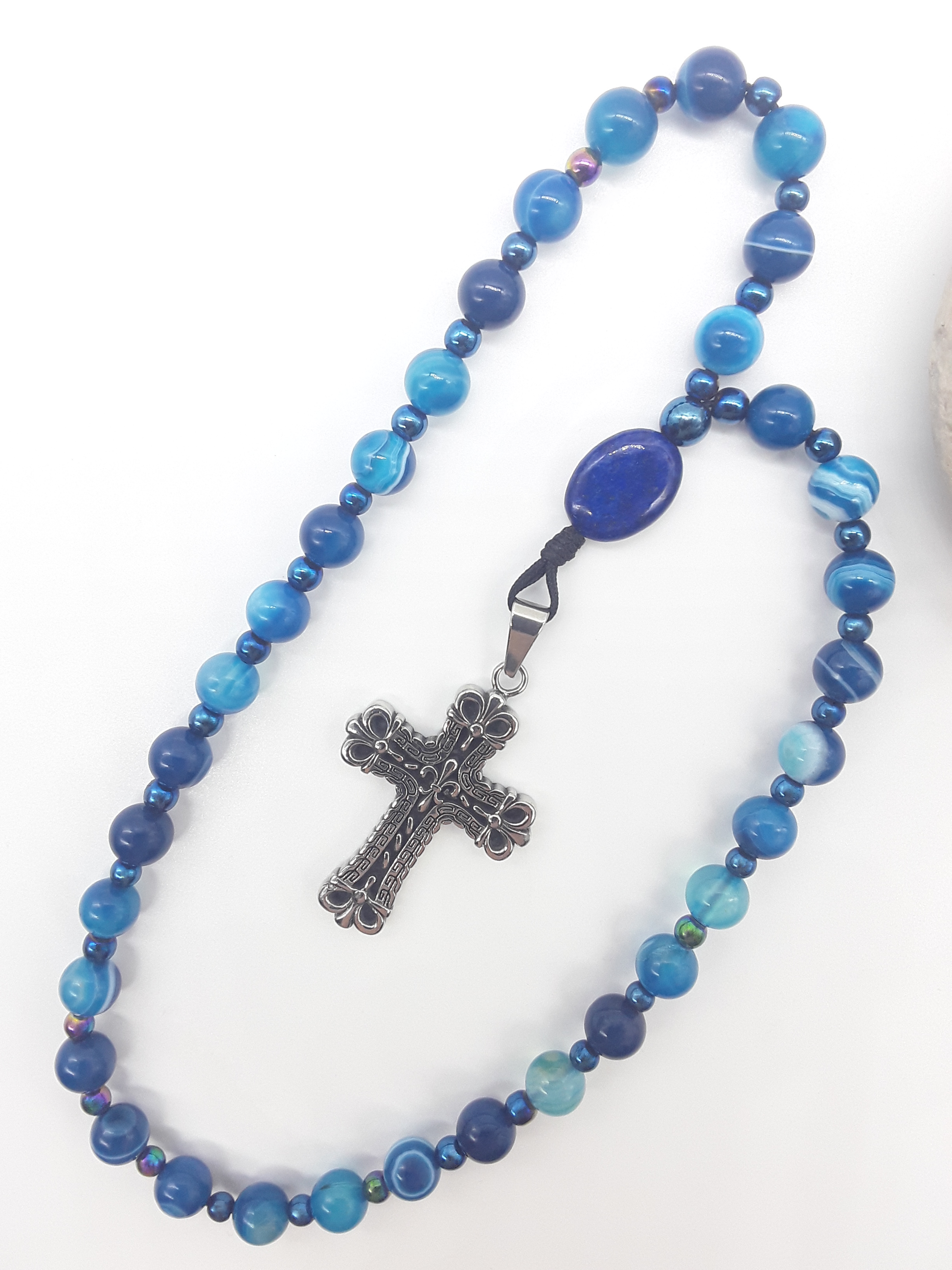 Agate and lapis lazuli Orthodox rosary with stainless steel cross, The Deep Stillness by Polmadeva, photographed on white background