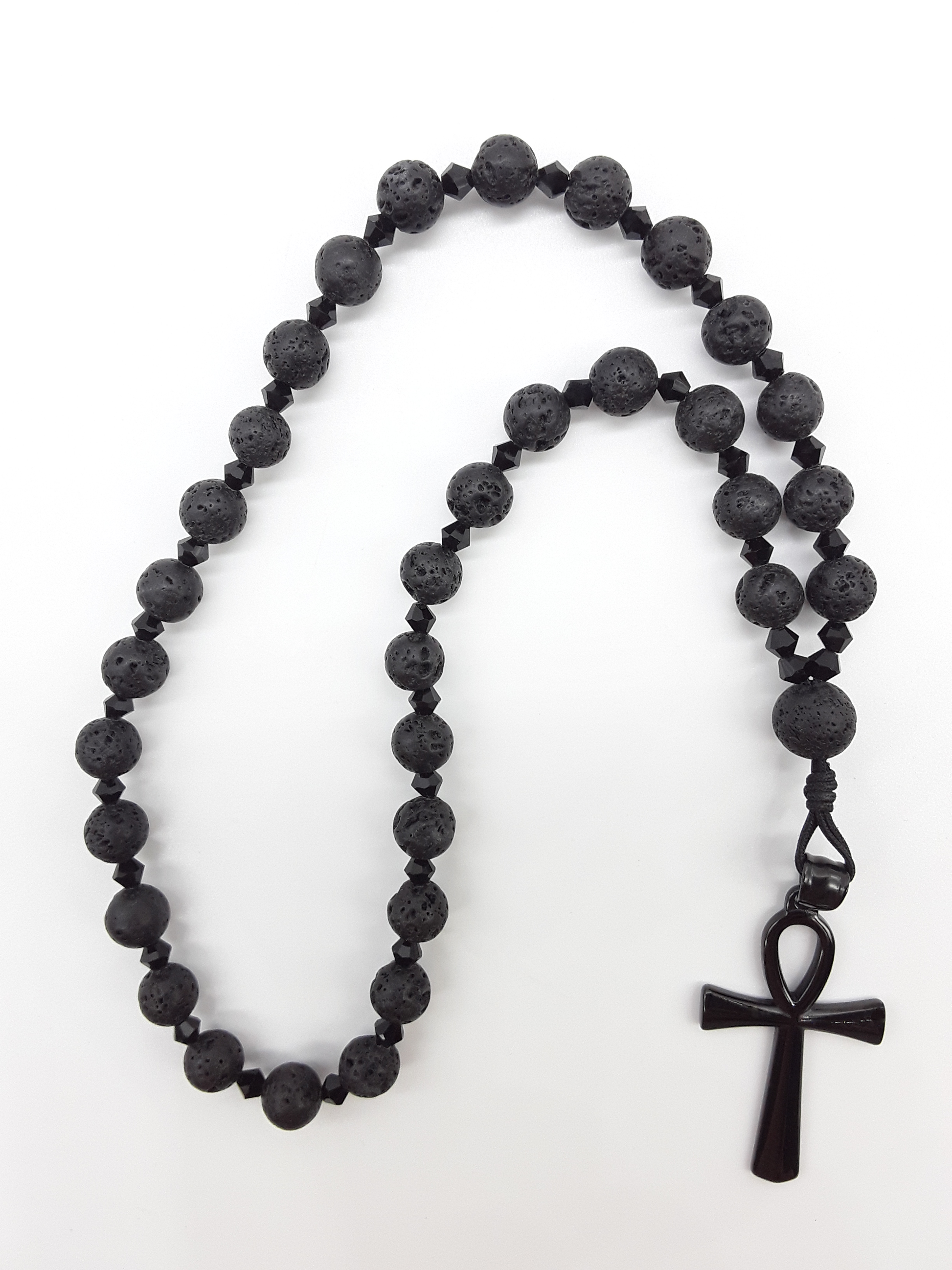 Lava and black crystal Orthodox Rosary with black stainless steel Ankh cross by Polmadeva on white background.