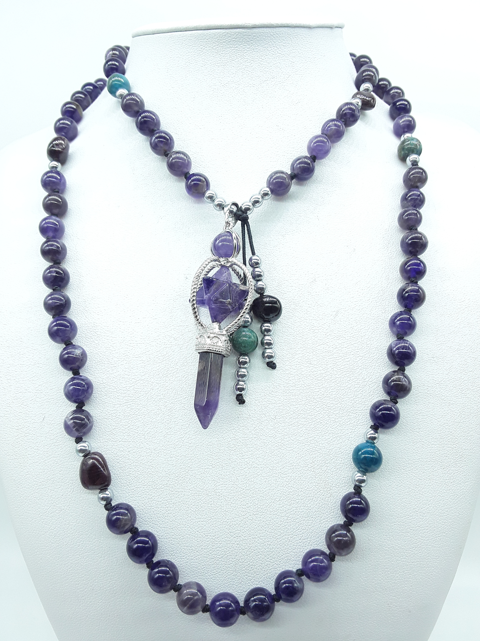Amethyst and Apatite Mala Beads with Natural Amethyst pendant displayed on white mannequin, Polmadeva