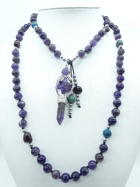 Amethyst and Apatite Mala Beads with Natural Amethyst pendant displayed on white mannequin, Polmadeva