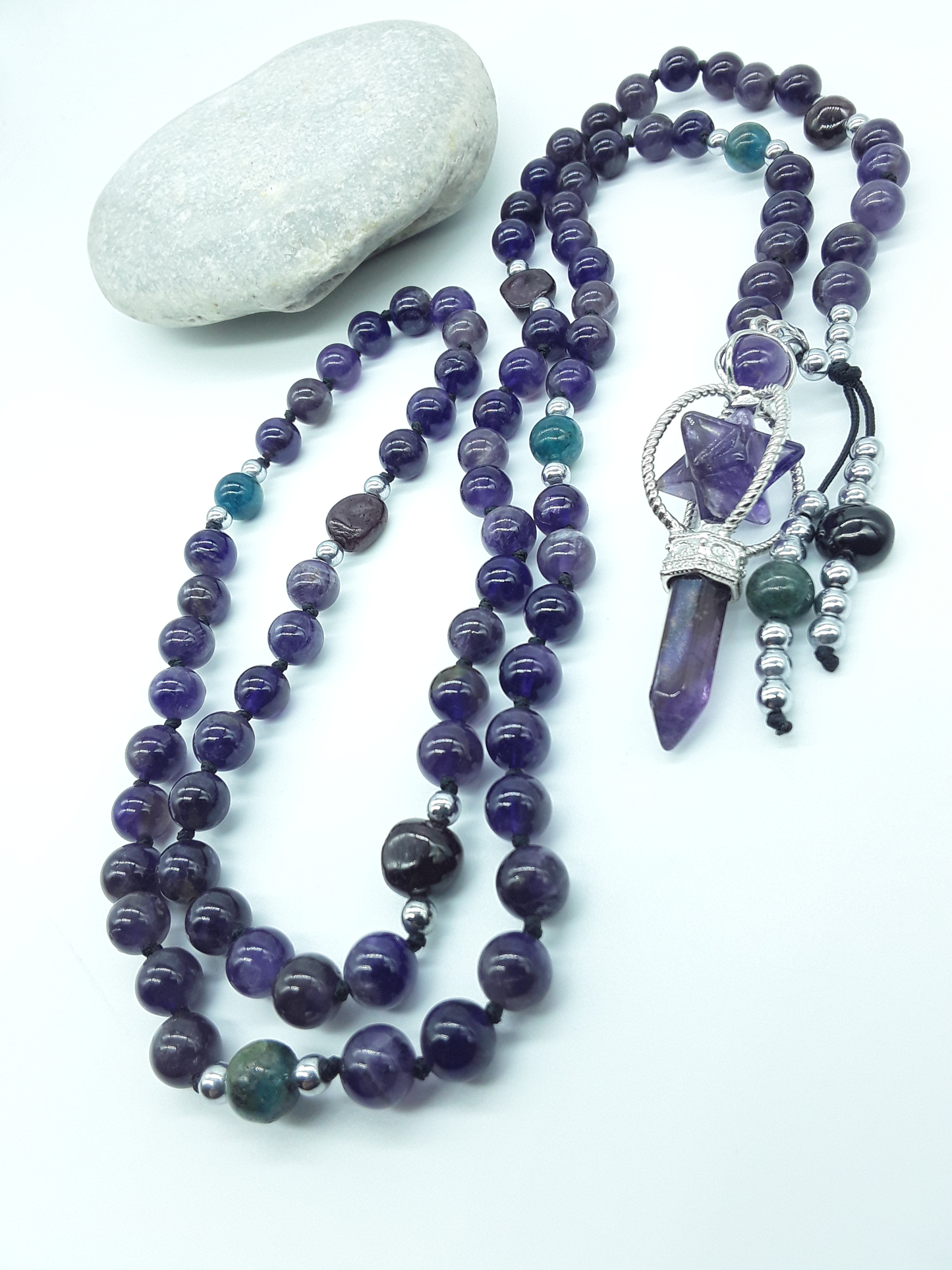 Amethyst and Apatite Mala Beads with Natural Amethyst pendant displayed on white mannequin, Polmadeva