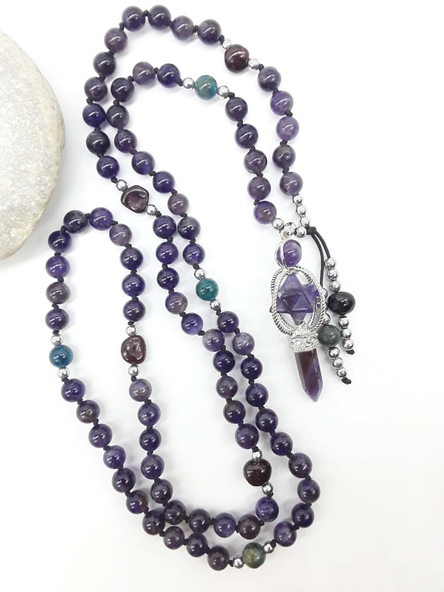 Amethyst and Apatite Mala Beads with Natural Amethyst pendant displayed on white mannequin, Polmadeva