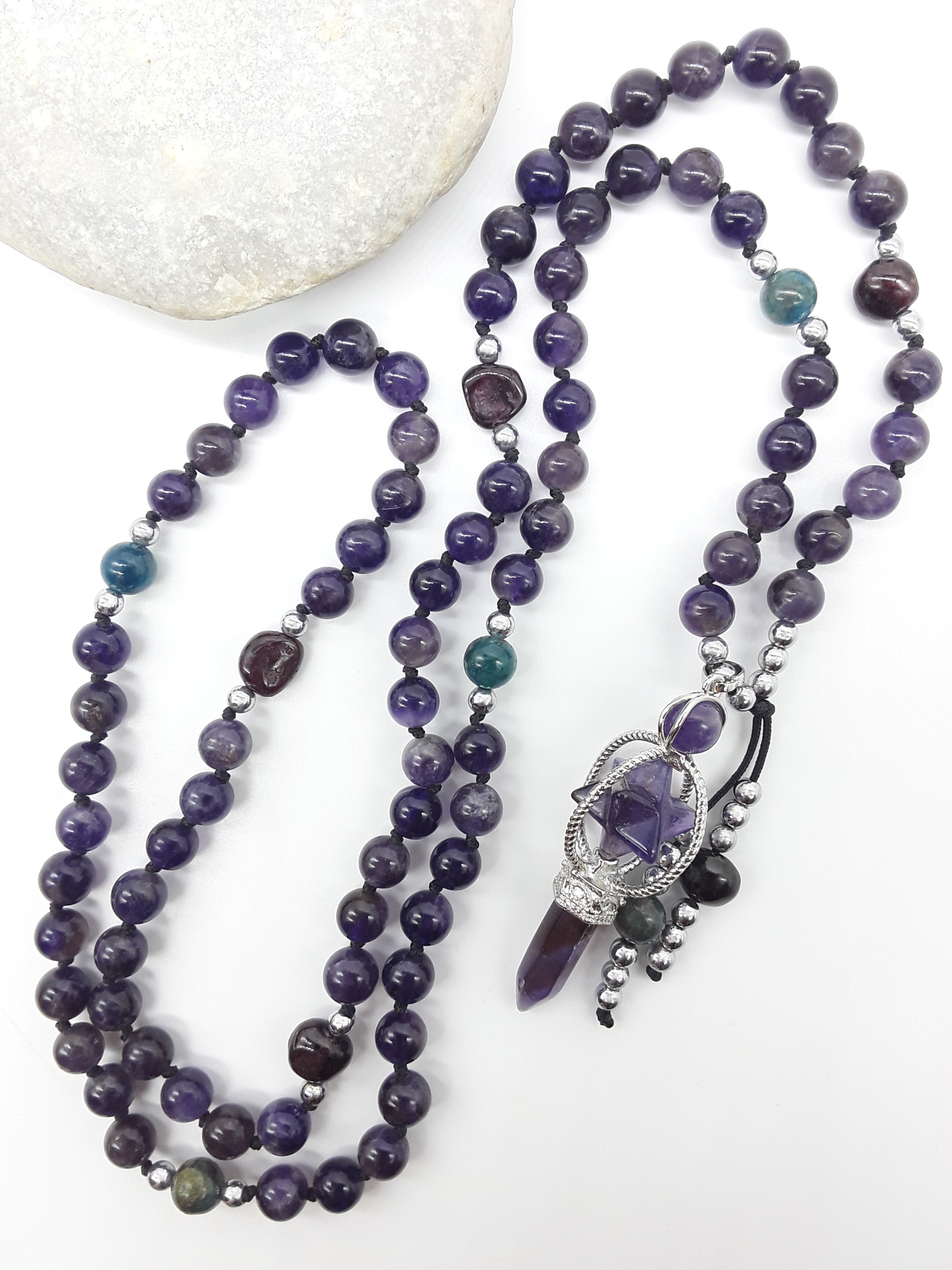 Amethyst and Apatite Mala Beads with Natural Amethyst pendant displayed on white mannequin, Polmadeva