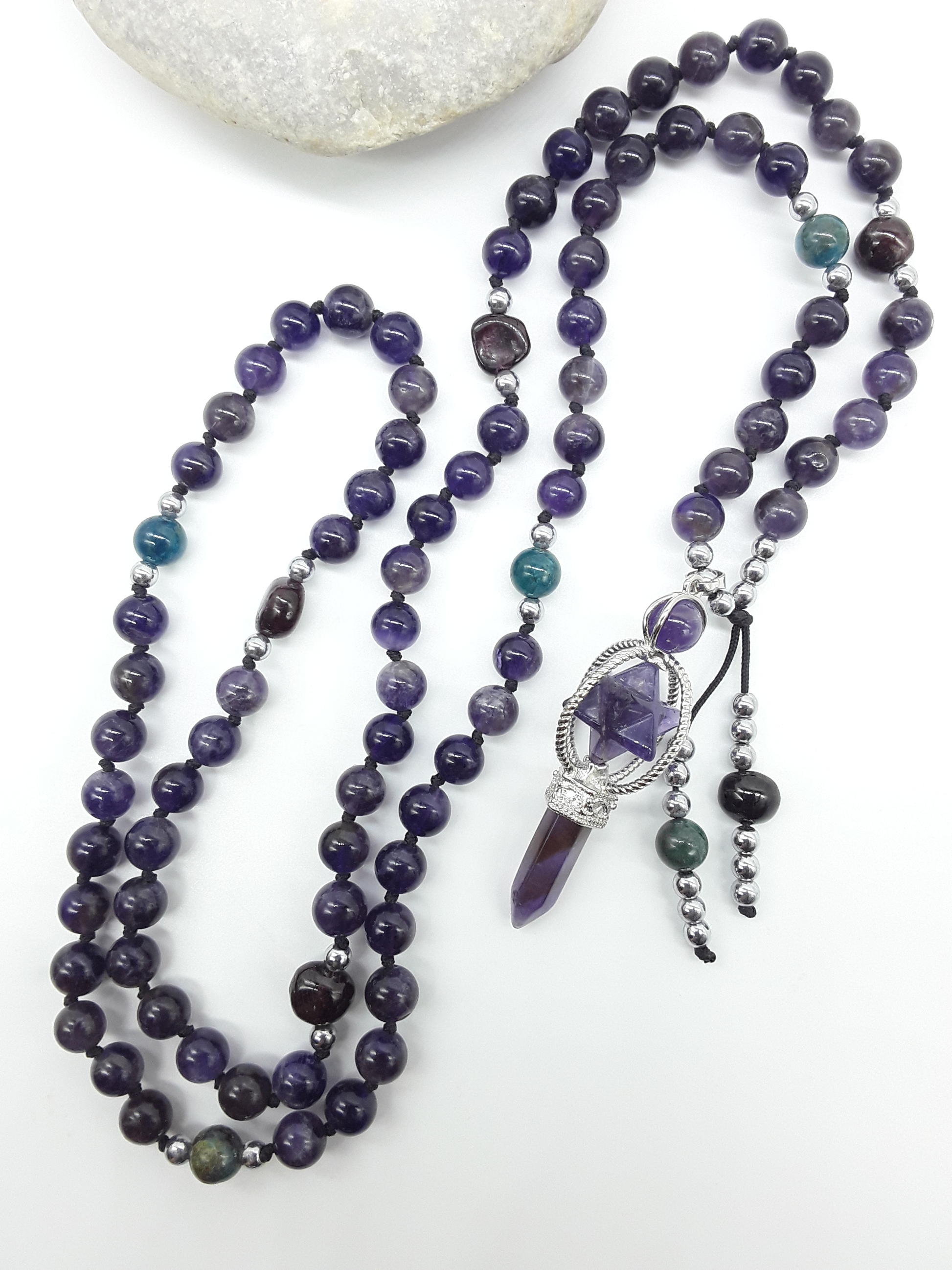 Amethyst and Apatite Mala Beads with Natural Amethyst pendant displayed on white mannequin, Polmadeva