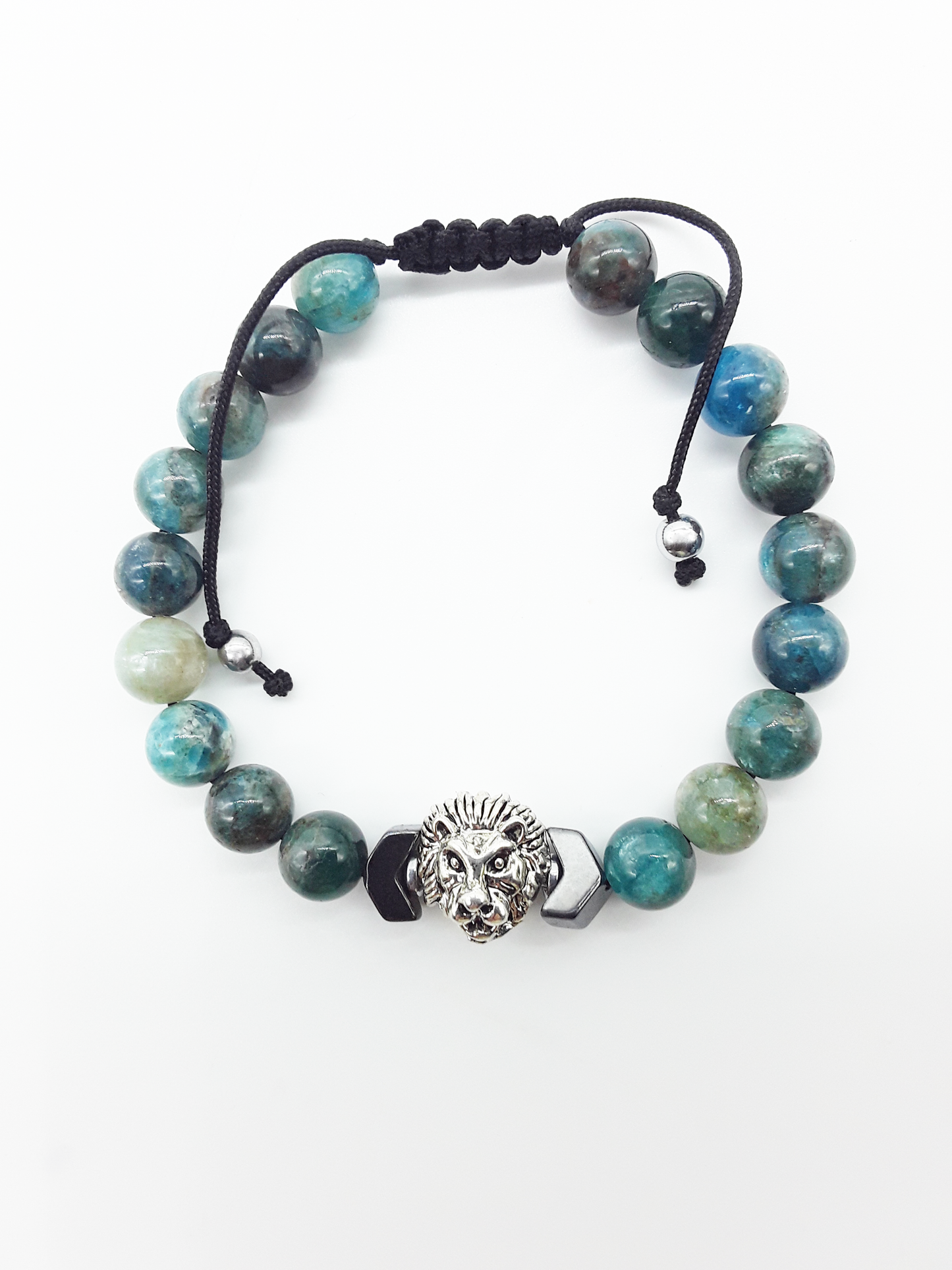 Polmadeva The Inner Course Lion Bracelet with natural apatite beads, hematite arrow, and metal lion element on white background