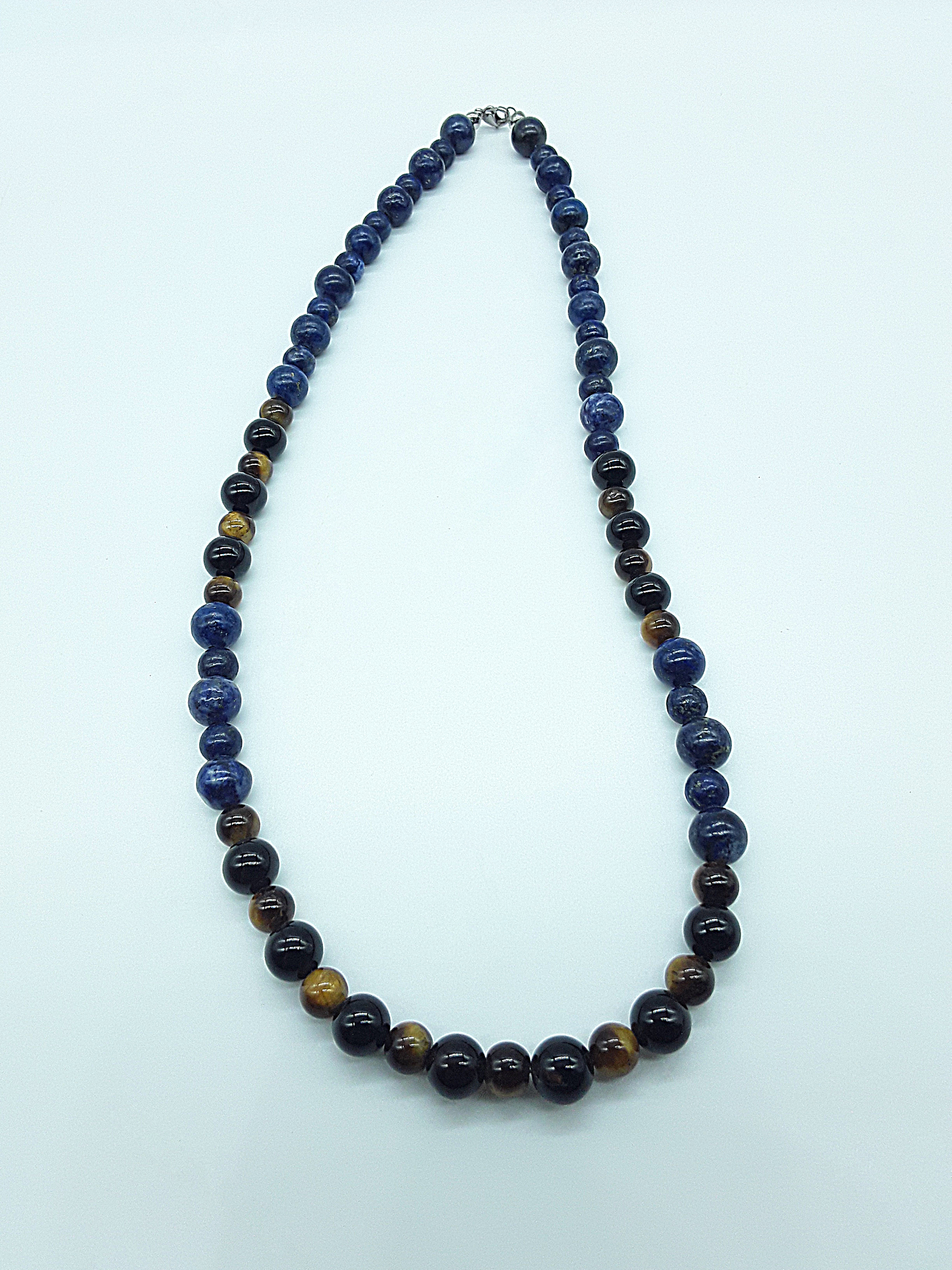 Polmadeva Inner Sight Necklace with lapis lazuli, tiger’s eye and black onyx beads shown in full length on light background, Soul Vision collection