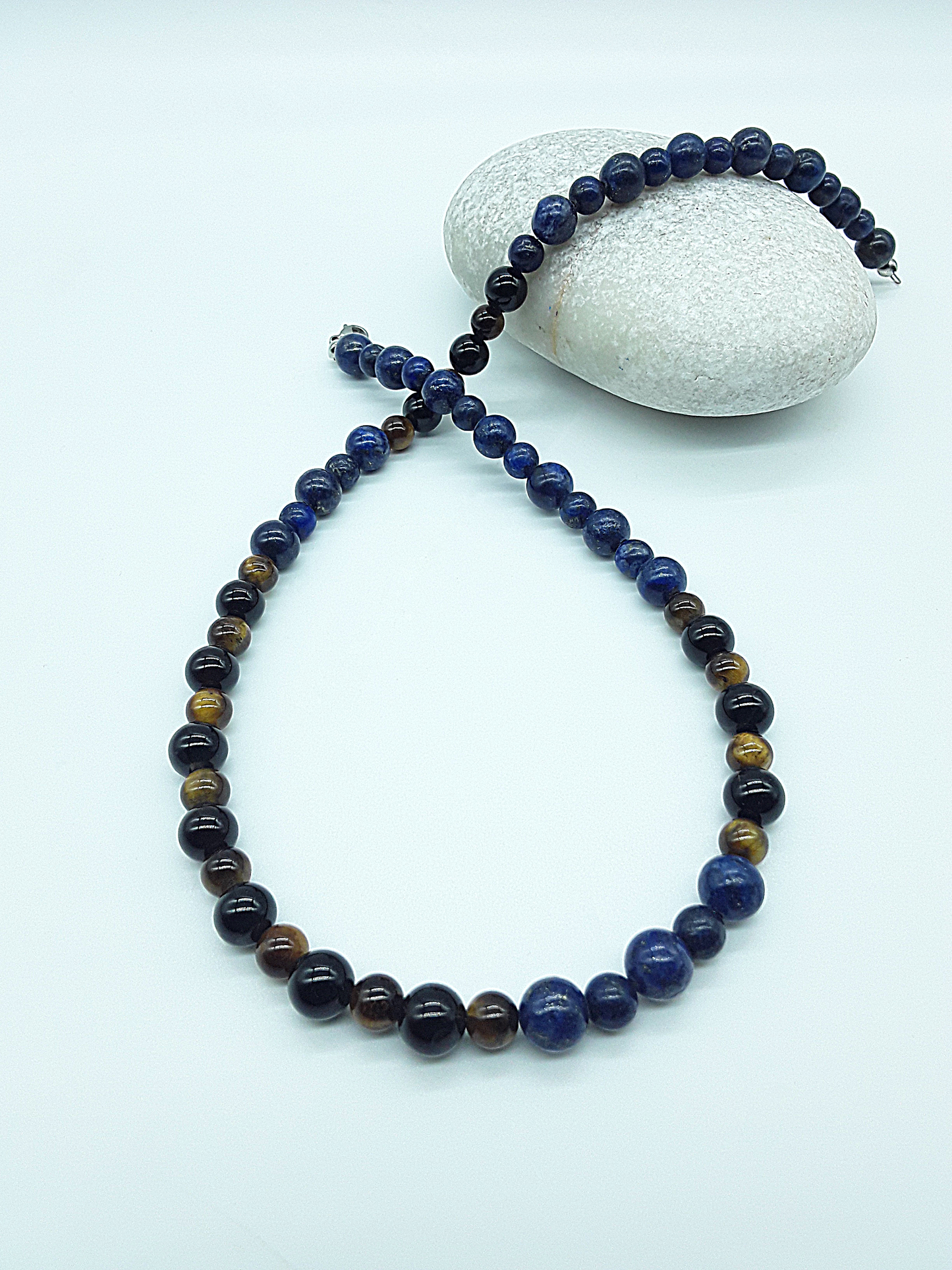 Polmadeva Inner Sight Necklace with lapis lazuli, tiger’s eye and black onyx beads arranged in circular composition with stone accent, Soul Vision collection
