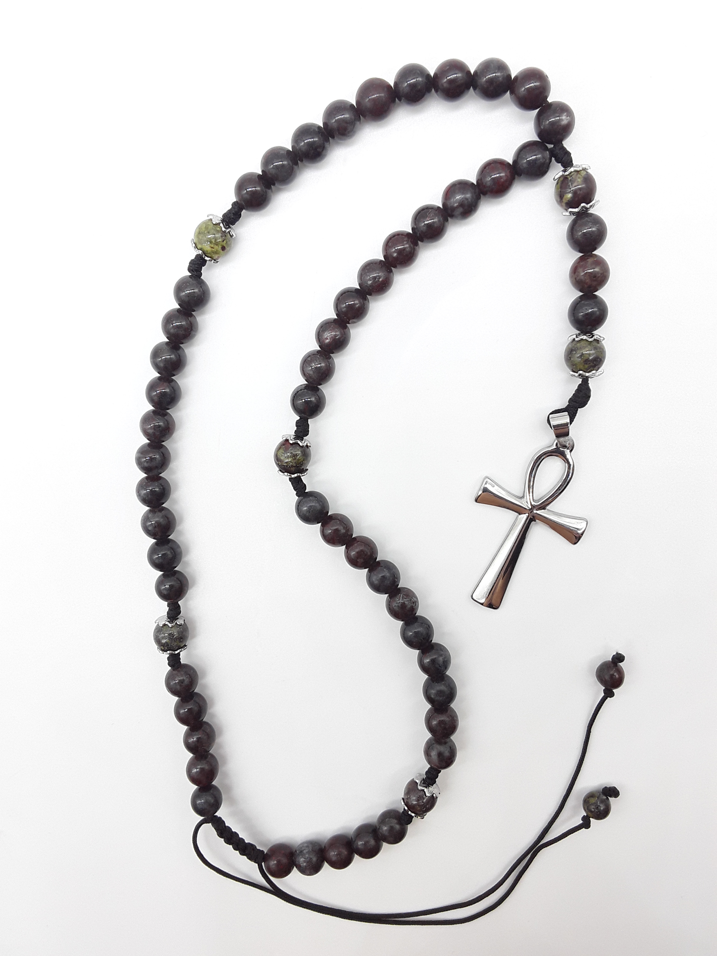 Handcrafted Catholic bloodstone rosary with stainless steel Ankh cross on white background