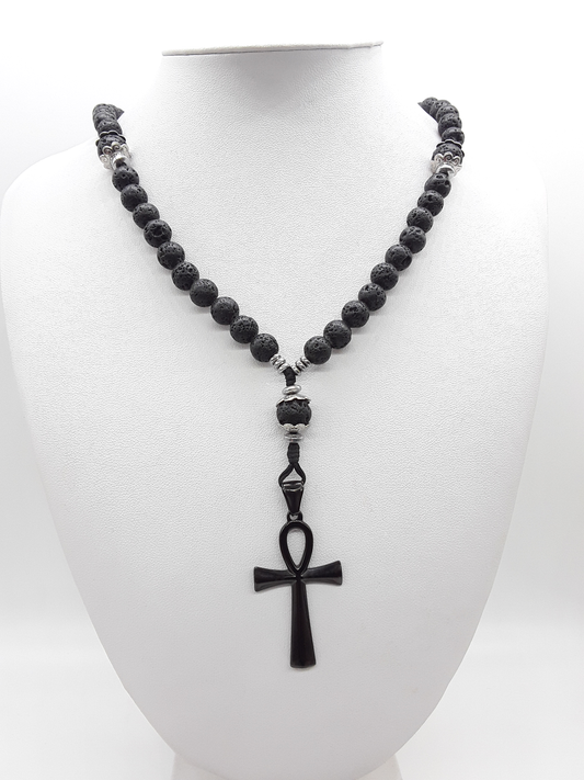 Lava and steel Orthodox Rosary with black stainless steel Ankh cross and adjustable cord by Polmadeva on white background.