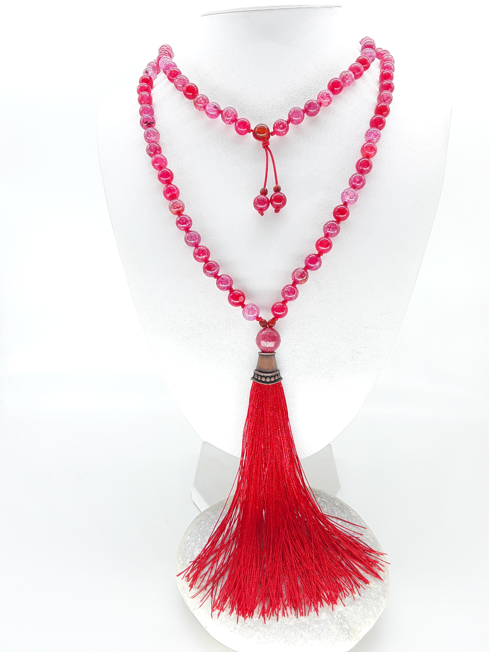 Full Dragon Veins Agate Mala Beads with red tassel displayed on white background, Polmadeva