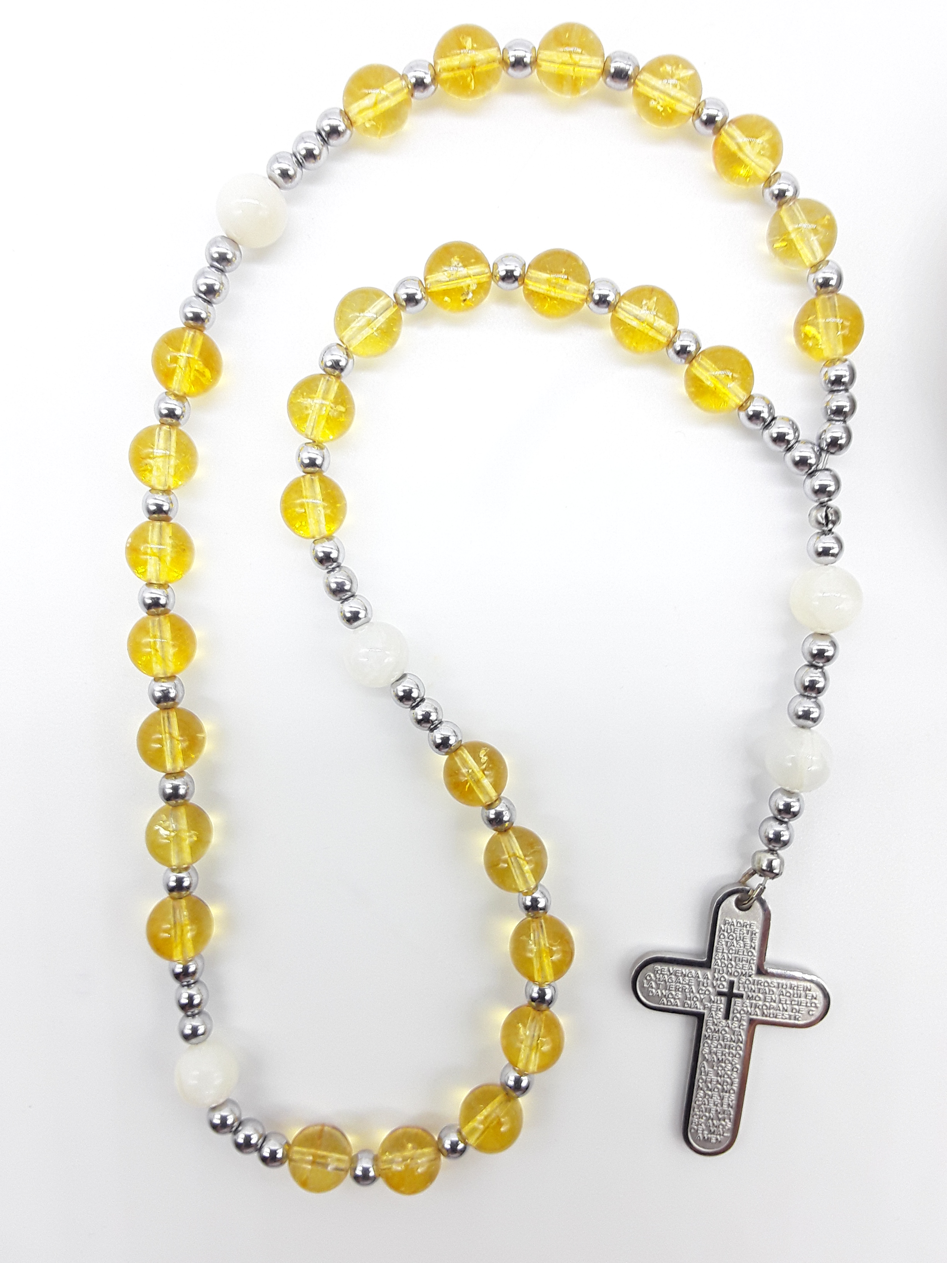 The Morning Benediction Anglican Prayer Beads by Polmadeva with Citrine, Moonstone, Hematite, and engraved stainless steel cross on white background
