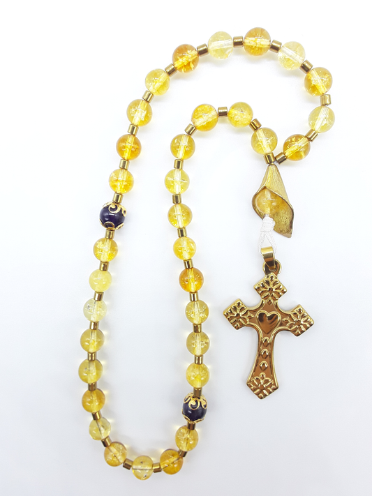 The Quiet Return — Citrine & Amethyst Orthodox Rosary by Polmadeva, handcrafted with citrine and amethyst beads, hematite spacers, and stainless steel cross, photographed on a clean white background.