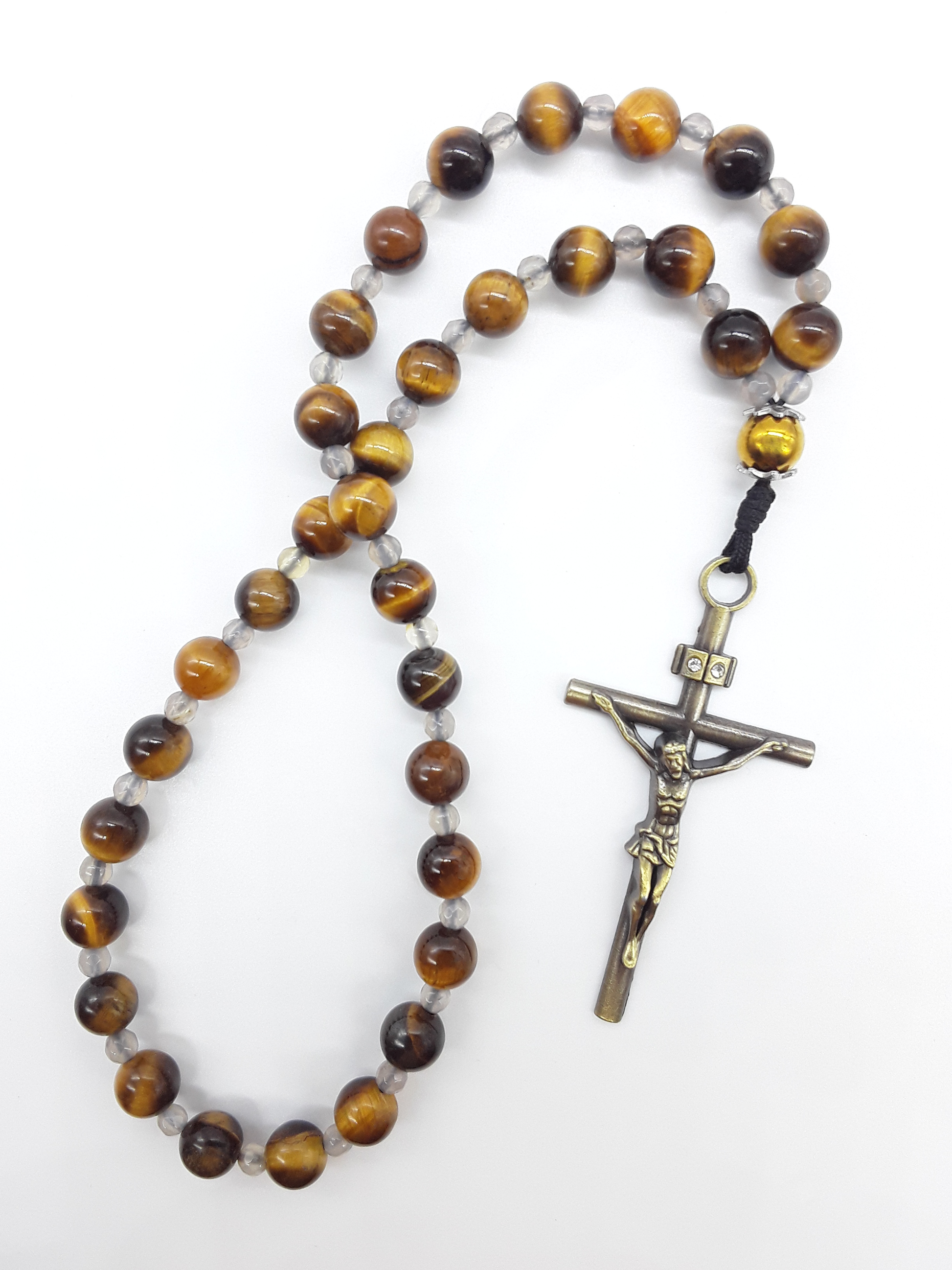 The Quiet Return — Tiger’s Eye Orthodox Rosary by Polmadeva, handcrafted with Tiger’s Eye beads, Hematite elements, Agate spacers, and a bronze zircon cross, photographed on a clean white background.