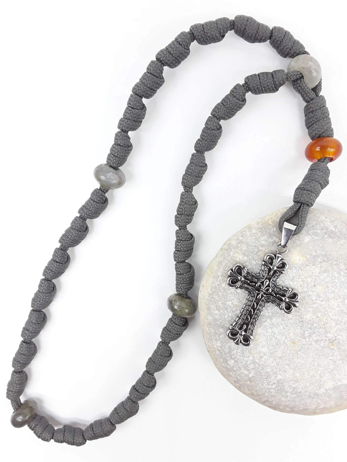 The Quiet Way Antique Floral Anglican Rosary by Polmadeva with hand-knotted cord, Carnelian and Labradorite elements, and floral stainless steel cross on stone.