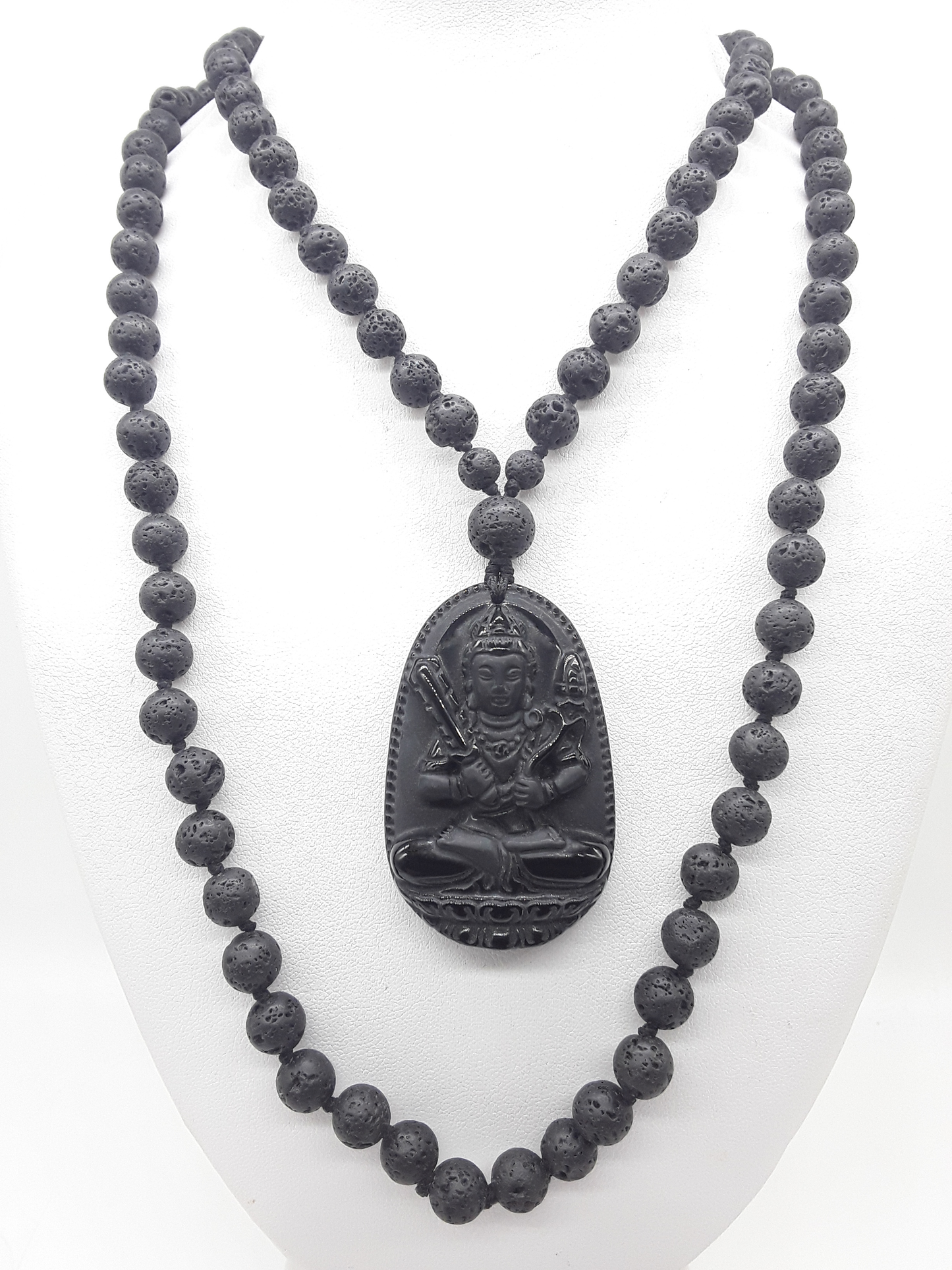 Lava Stone Mala Beads with carved Obsidian pendant displayed on white background, Polmadeva