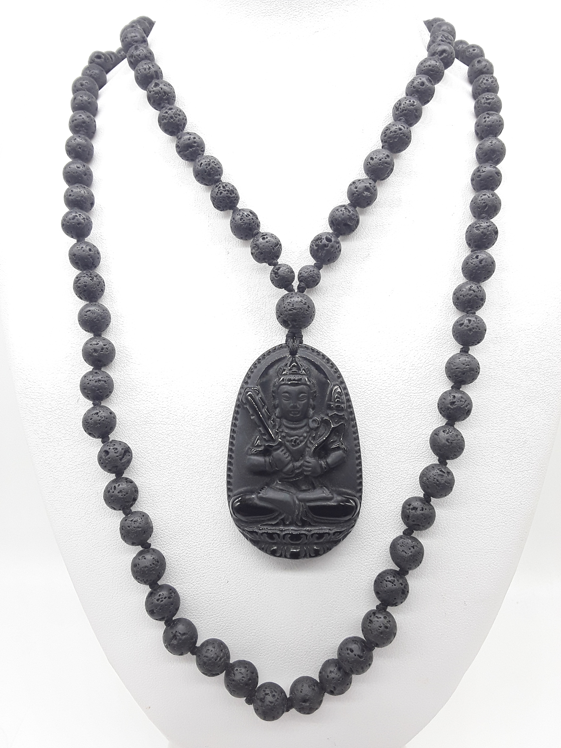 Lava Stone Mala Beads with carved Obsidian pendant displayed on white background, Polmadeva