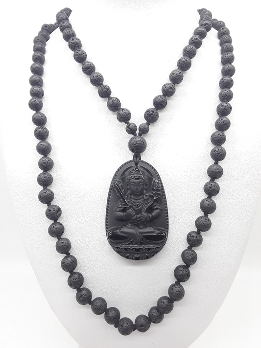 Lava Stone Mala Beads with carved Obsidian pendant displayed on white background, Polmadeva
