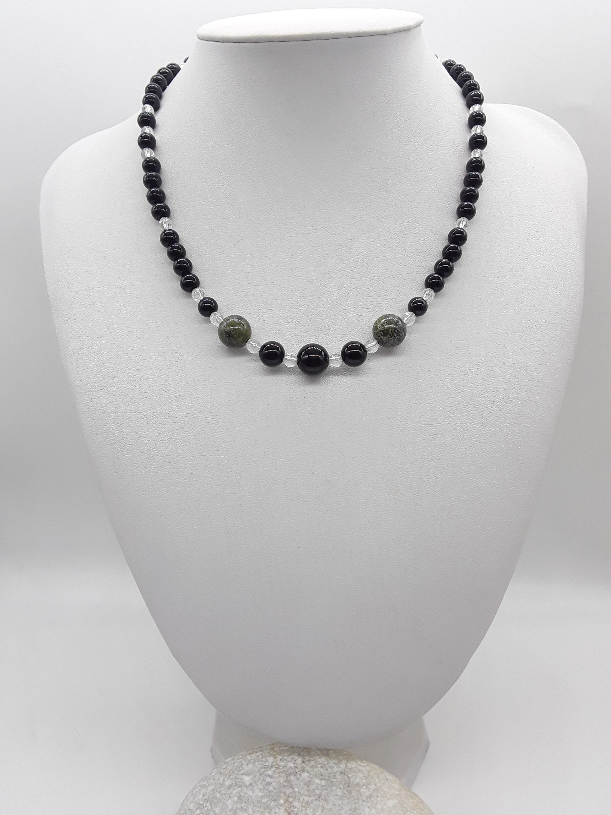 The Stillwatch Guardian Necklace by Polmadeva with black onyx, quartz crystal and dragon blood stone, guardian spirit talisman