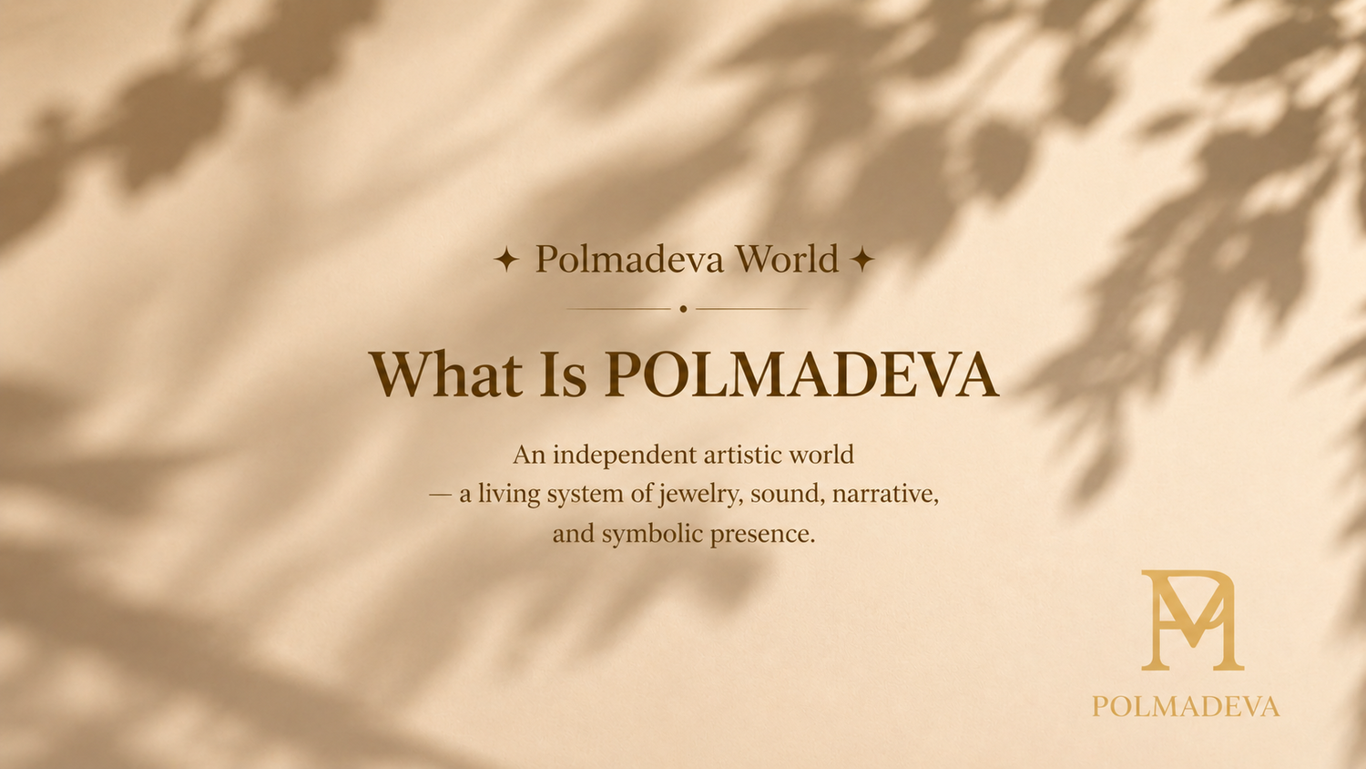 Polmadeva brand introduction with text and logo on a beige background with leaf shadows